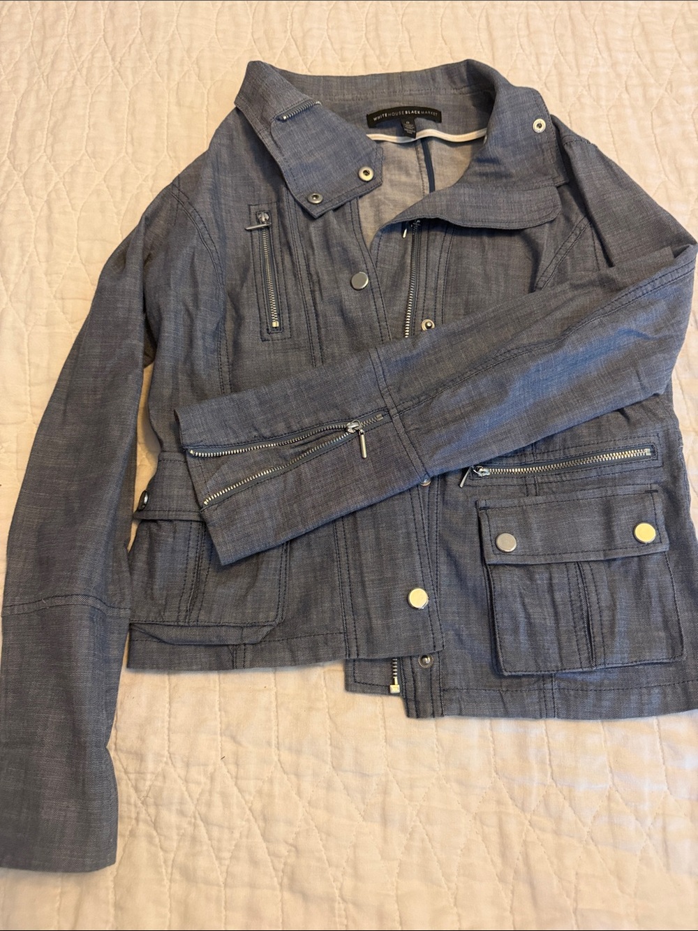White House Black Market Blue Chambray Utility Moto Jacket